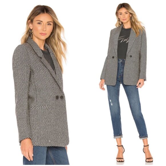 💕ANINE BING💕 Fishbone Blazer ~ Wool Blend Black & Off-White Print XS - Picture 8 of 16